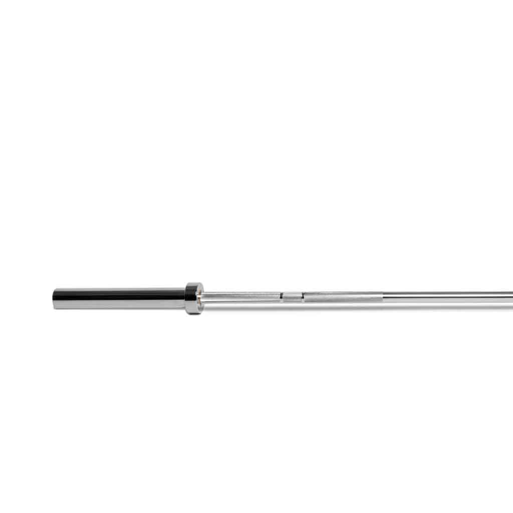 Barbell Standard 1000 Olympic barbell full length view with chrome sleeves and knurled shaft on white background