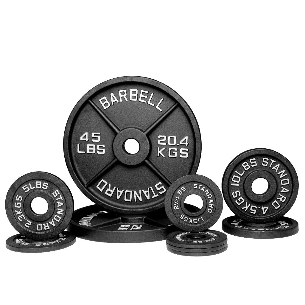 Barbell Standard 130 lb Olympic iron weight set with 45, 10, 5, and 2.5 lb cast iron plates for home gym workouts