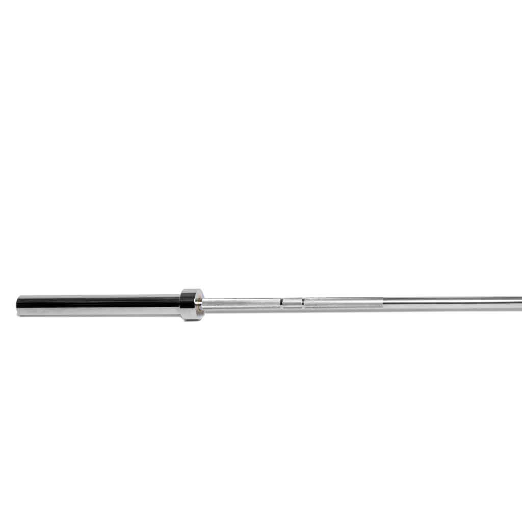 Full-length view of the Barbell Standard 1500 Olympic Bar, chrome finish with dual knurl marks.