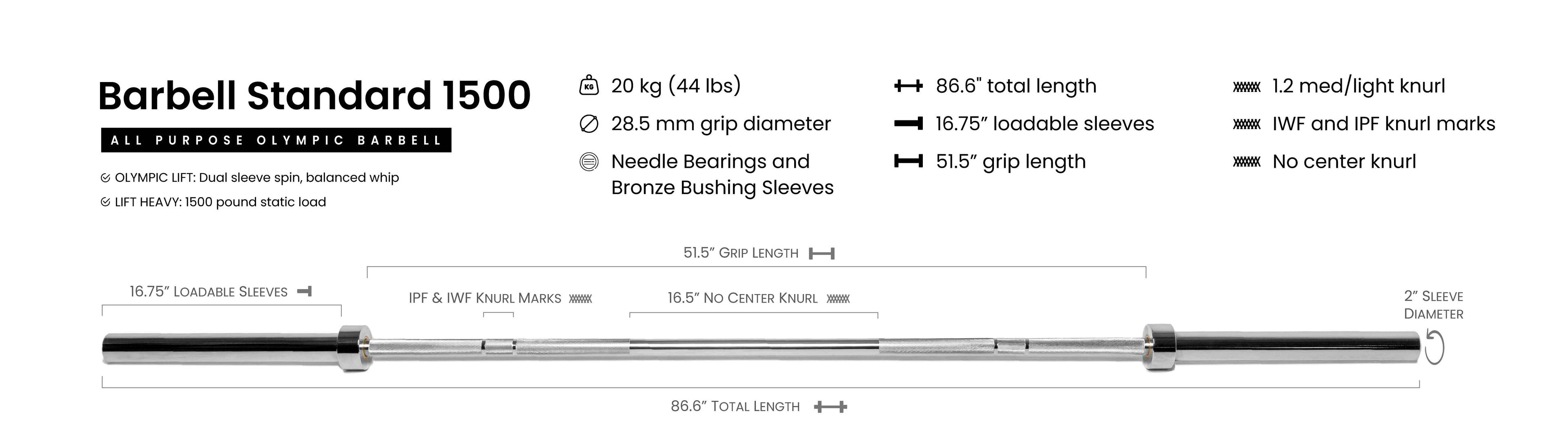 Barbell Standard 1500 Olympic bar 20kg, 86.6in length, 28.5mm grip, 16.75in sleeves, no center knurl, 1500lb load