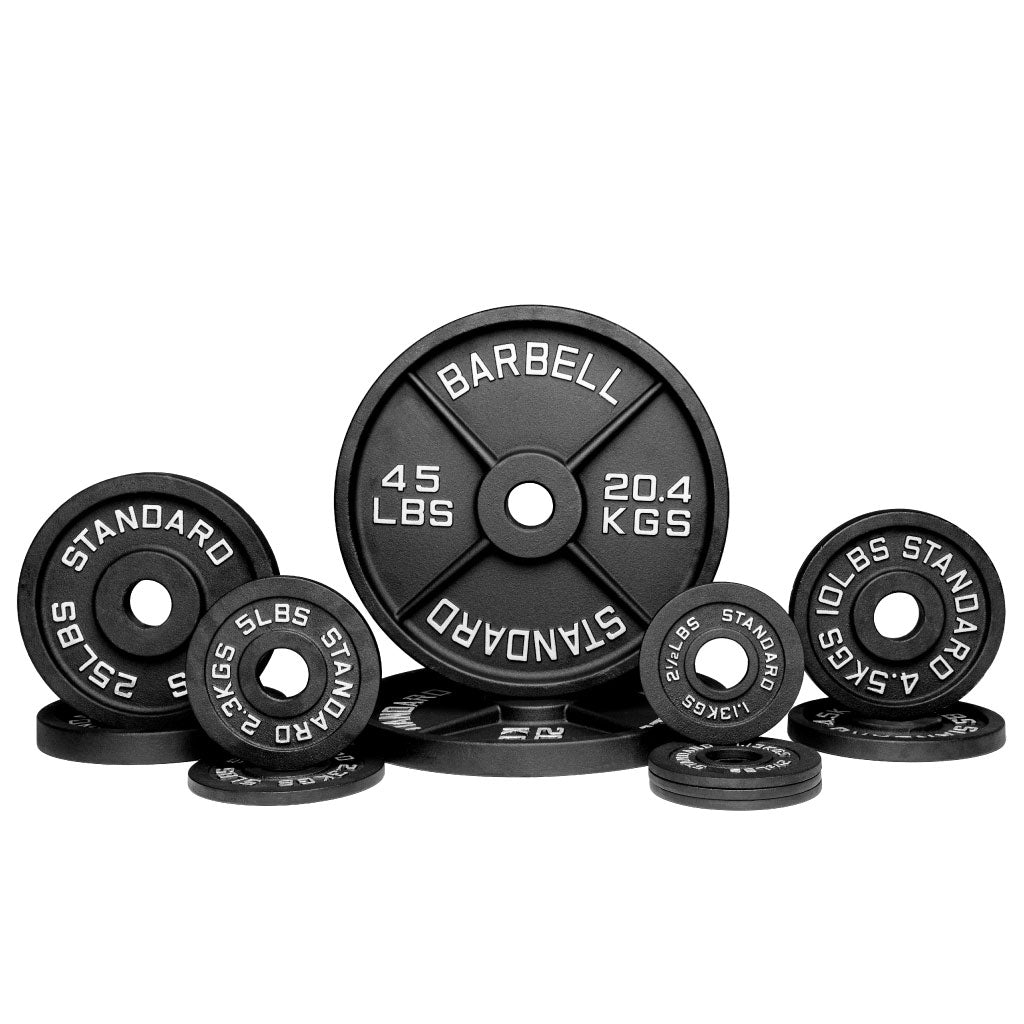 Barbell Standard 180 lb Olympic iron weight set with 45, 25, 10, 5, and 2.5 lb cast iron plates for strength training
