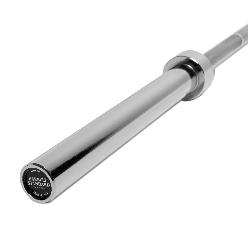Barbell Standard 20kg Olympic barbell angled product photo showing sleeve and branded endcap on white background