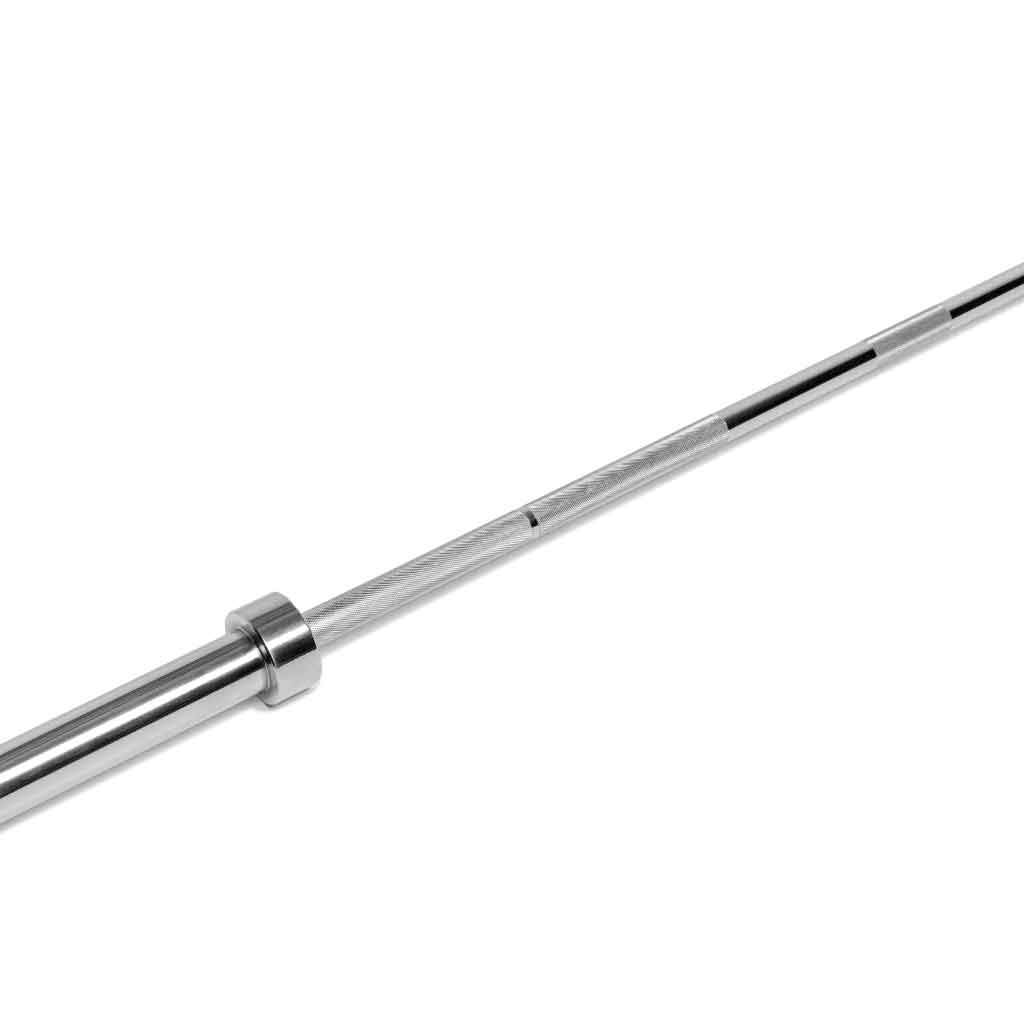 Barbell Standard Olympic barbell shaft close-up showing medium knurling and smooth sleeve transition