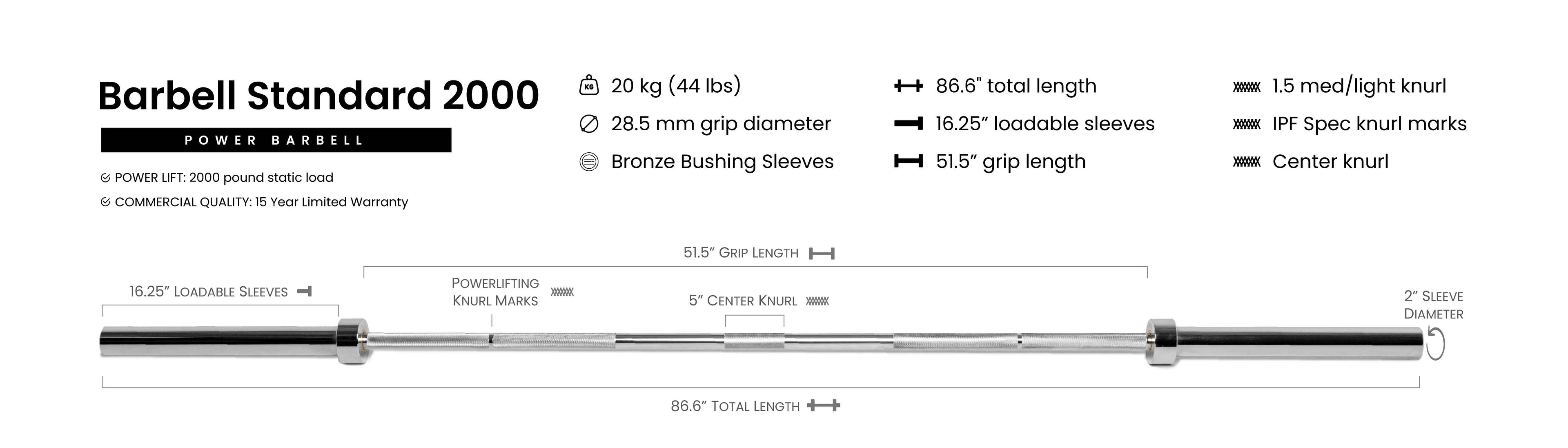 Barbell Standard 2000 power bar 20kg, 86.6in length, 28.5mm grip, 16.25in sleeves, center knurl, 2000lb load