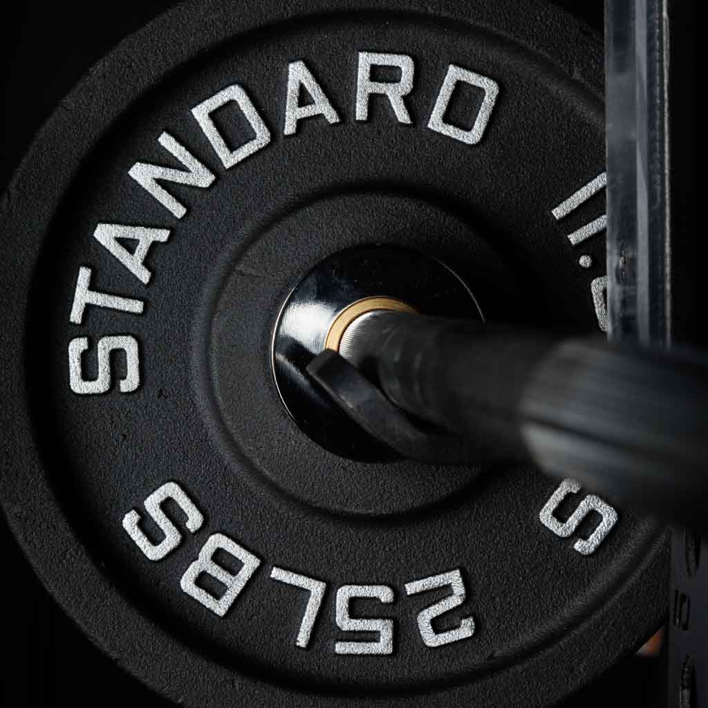 Barbell Standard 25 lb iron weight plate loaded on Olympic barbell with raised silver lettering and black powder coat finish