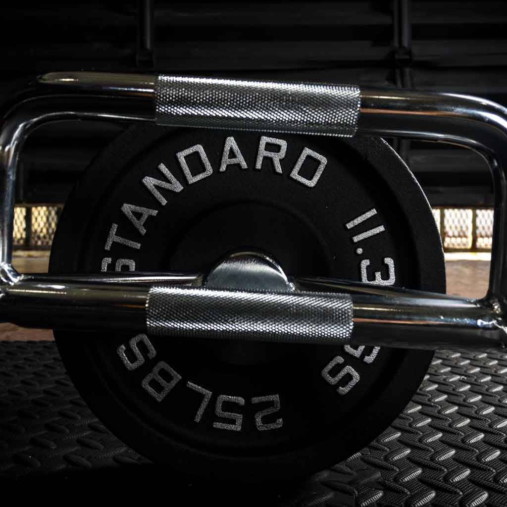 Barbell Standard 25 lb iron weight plate on trap bar with raised silver lettering and black powder coat finish in gym setting