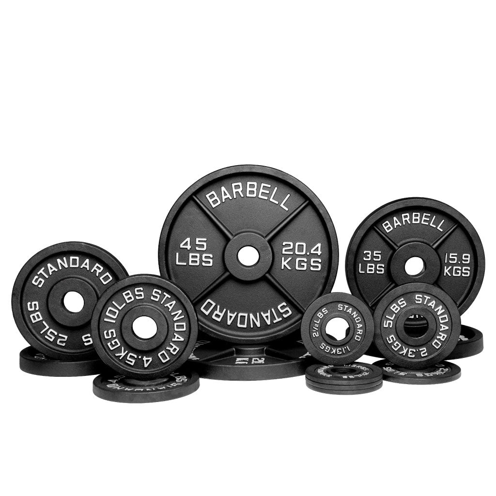 Barbell Standard 250 lb Olympic iron weight set with pairs of 45, 35, 25, 10, 5, and 2.5 lb plates for lifting