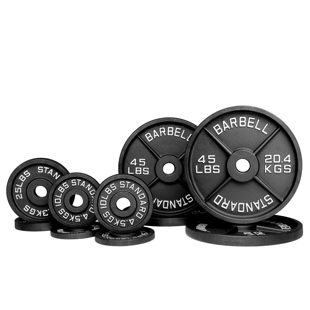 Barbell Standard 270 lb Olympic iron weight plate set with pairs of 45, 25, 10, and 5 lb plates for lifting