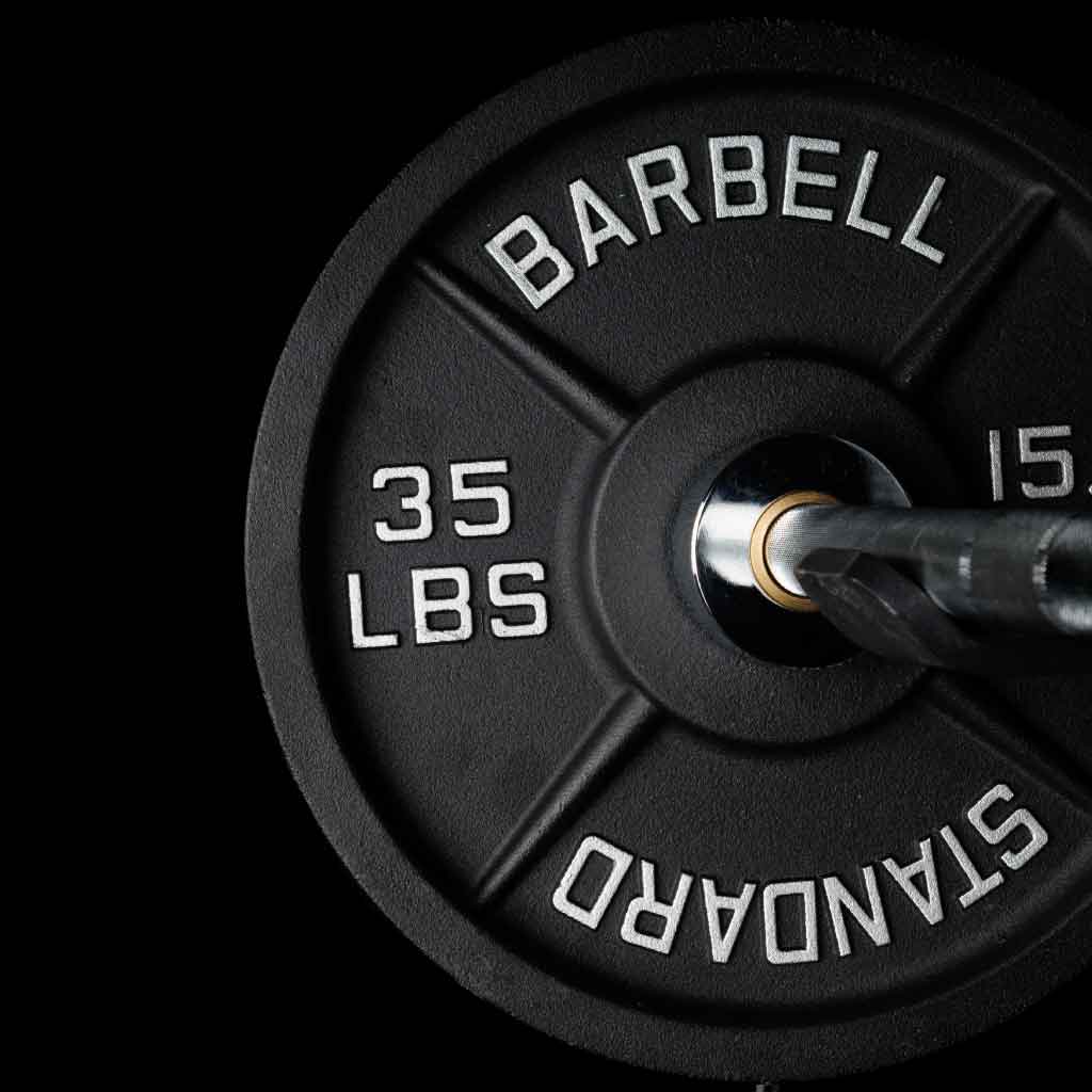 Barbell Standard 35 lb iron weight plate loaded on Olympic barbell with raised silver lettering and black powder coat finish