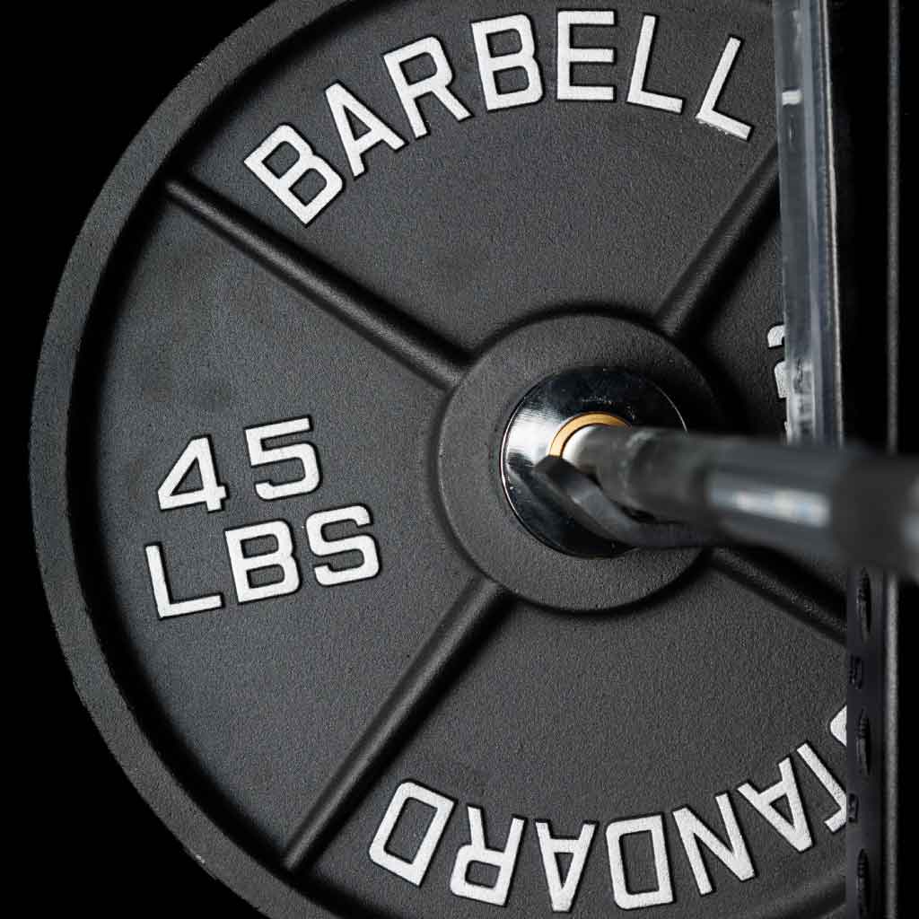 Barbell Standard 45 lb iron weight plate mounted on barbell with raised silver lettering and black powder coat finish