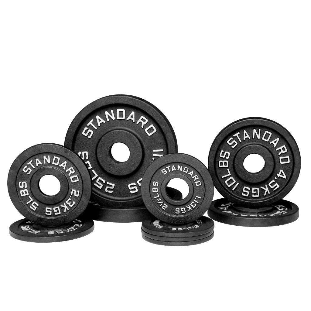 Barbell Standard 90 lb Olympic iron weight set with 25, 10, 5, and 2.5 lb cast iron plates for strength training