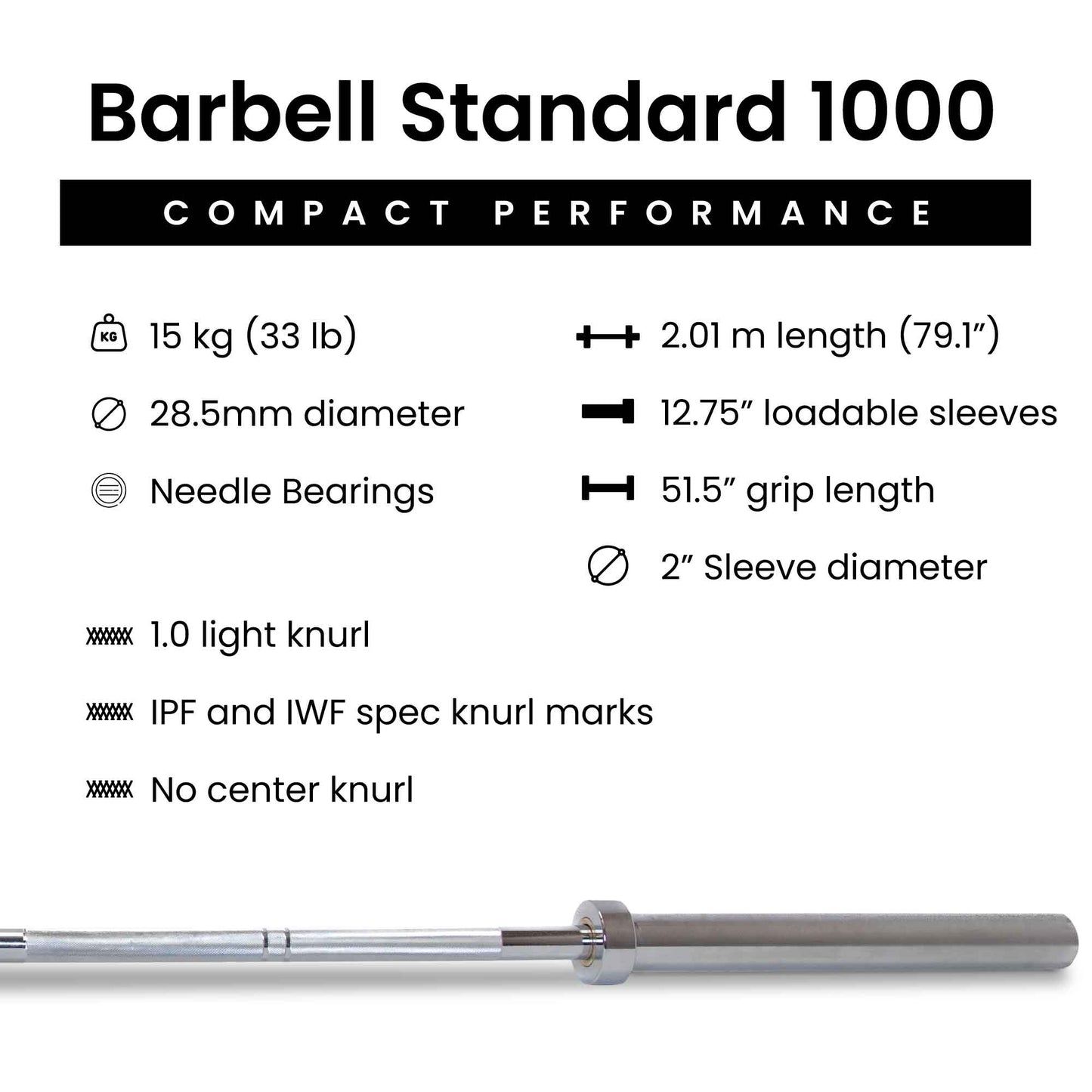 15kg compact bar, 28.5mm shaft, needle bearings, dual knurl marks, light knurl, no center knurl