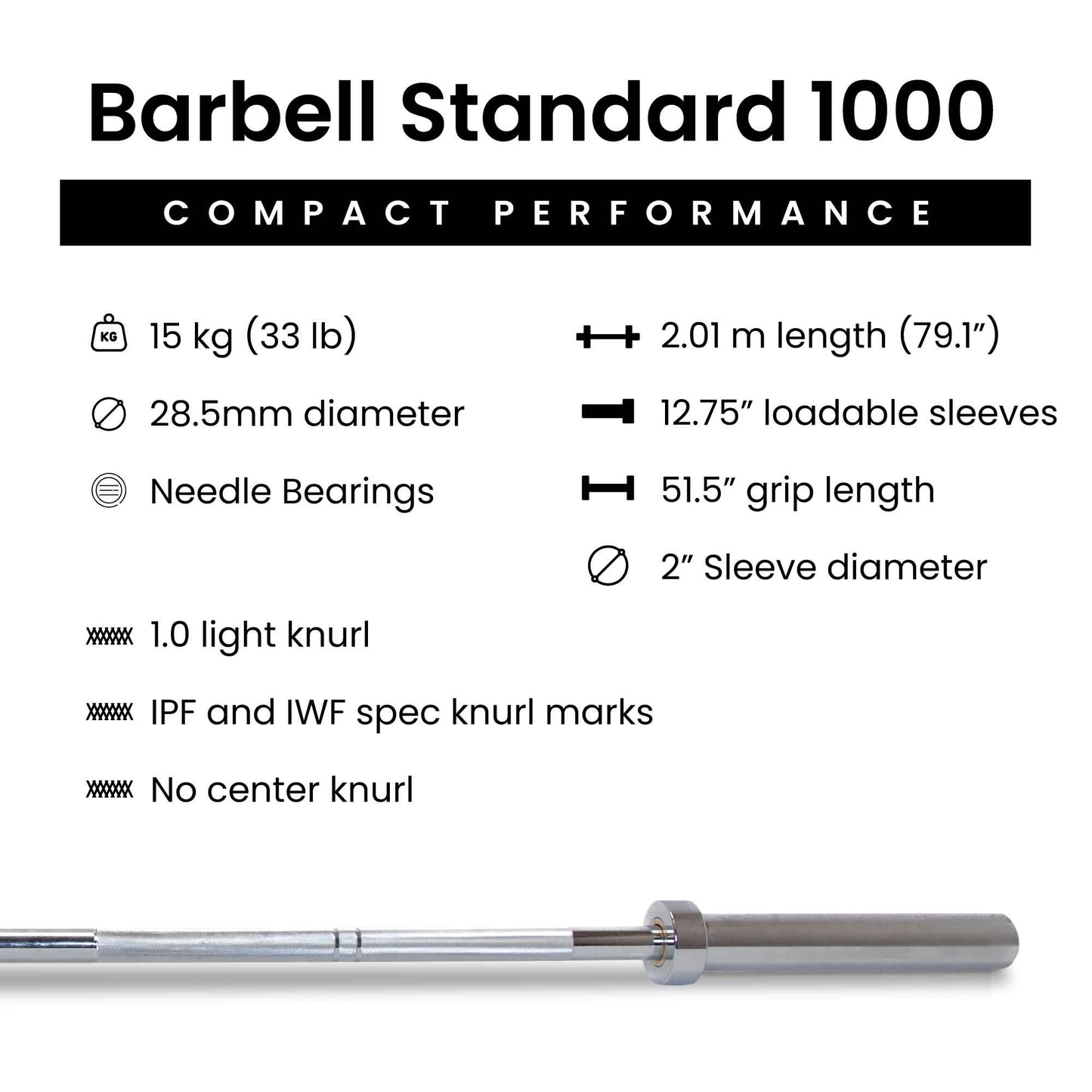 Compact 15kg Olympic barbell, 28.5mm shaft, needle bearings, dual knurl marks, ideal for home & light training