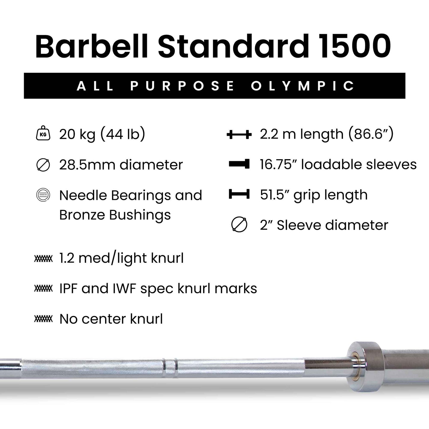 20kg all-purpose Olympic bar, 28.5mm shaft, bronze bushings + needle bearings, dual knurl marks, no center knurl