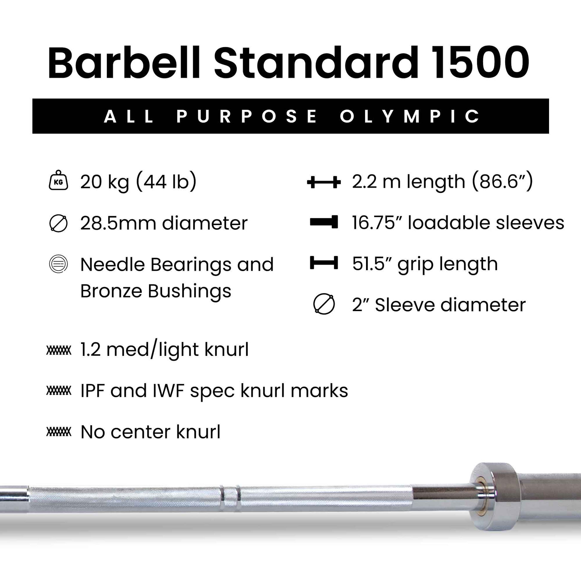 20kg all-purpose Olympic bar, 28.5mm shaft, bronze bushings + needle bearings, dual knurl marks, no center knurl