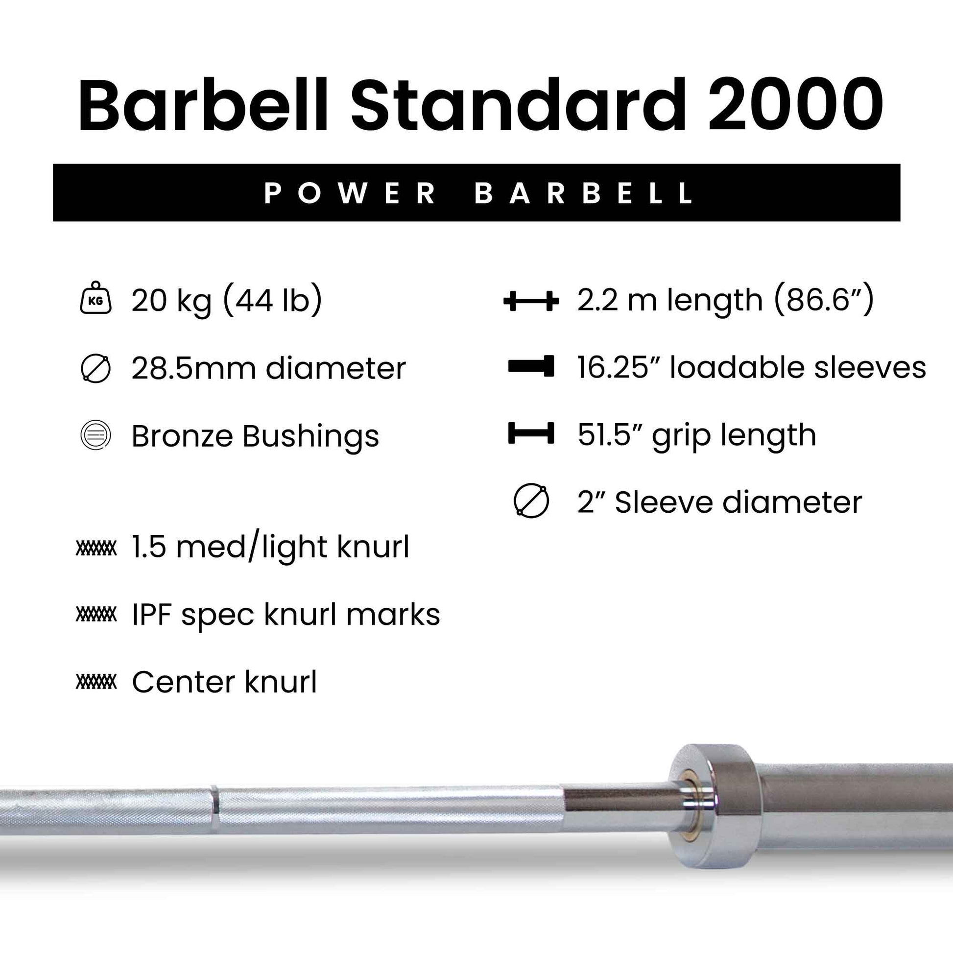 20kg (44lb) power barbell, 28.5mm shaft, bronze bushings, IPF spec knurl, 2.2m length, 2" sleeves