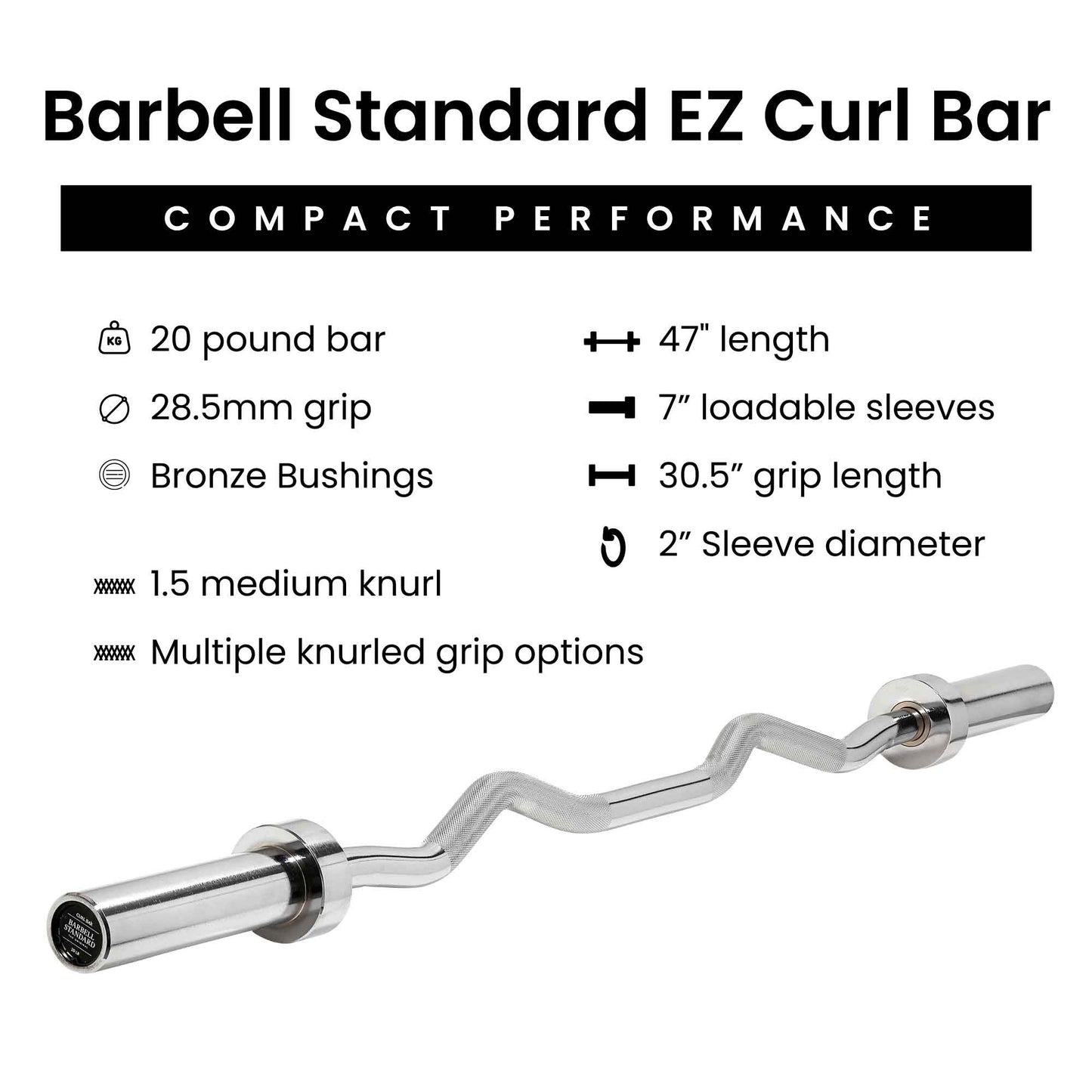47" EZ curl bar, 20lb, 28.5mm grip, bronze bushings, multiple knurled grips, 2" sleeves for Olympic plates