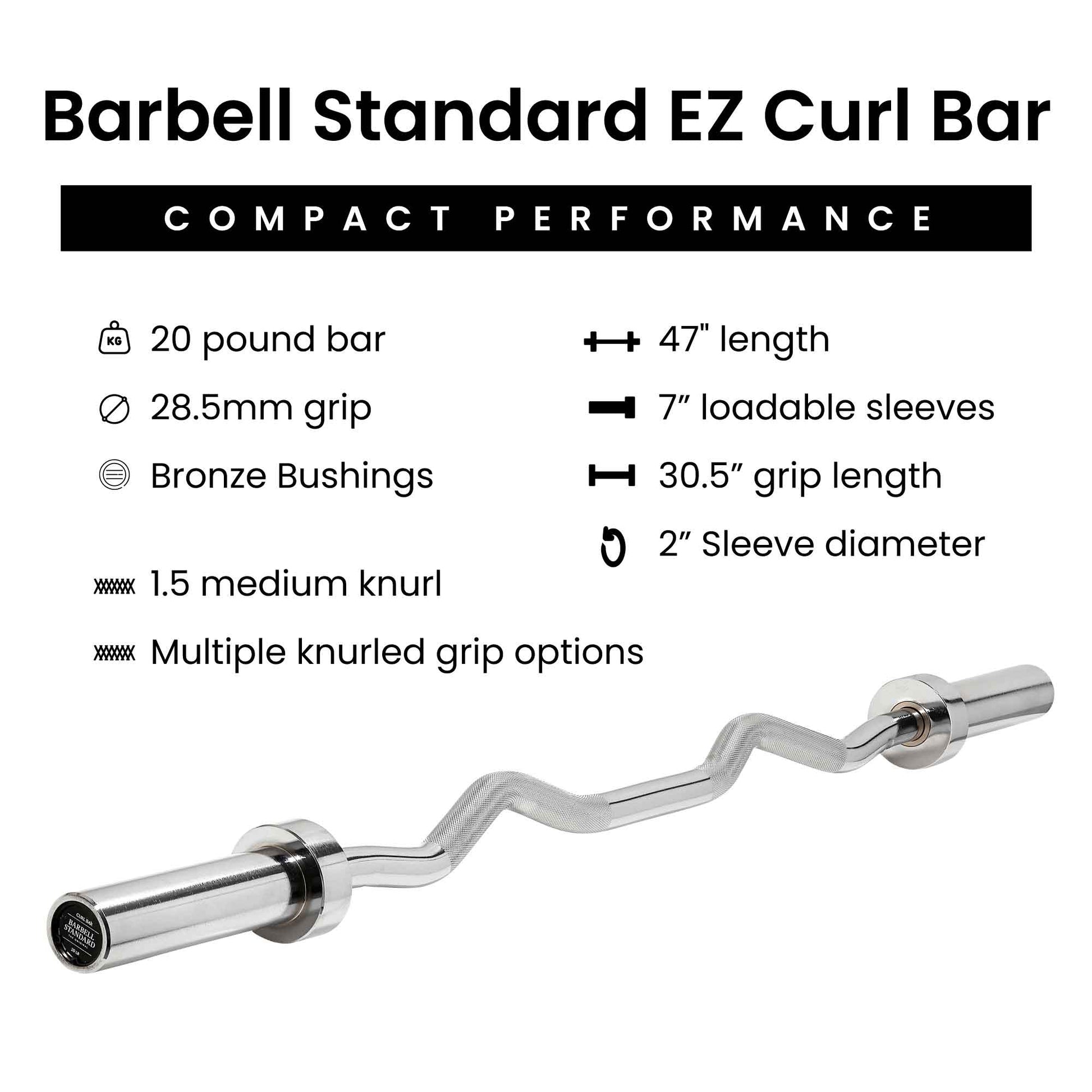 47" EZ curl bar, 20lb, 28.5mm grip, bronze bushings, multiple knurled grips, 2" sleeves for Olympic plates