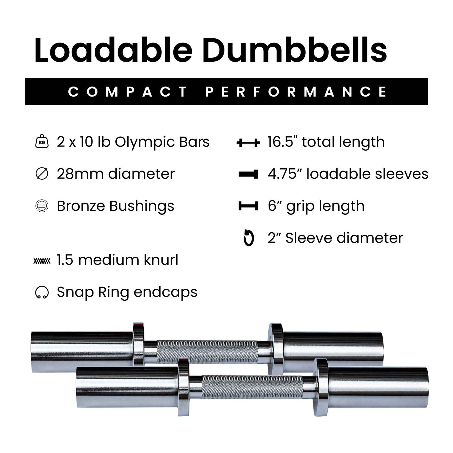 Pair of 10 lb Olympic loadable dumbbells, 28mm knurled grip, bronze bushings, 2" sleeves, snap ring endcaps