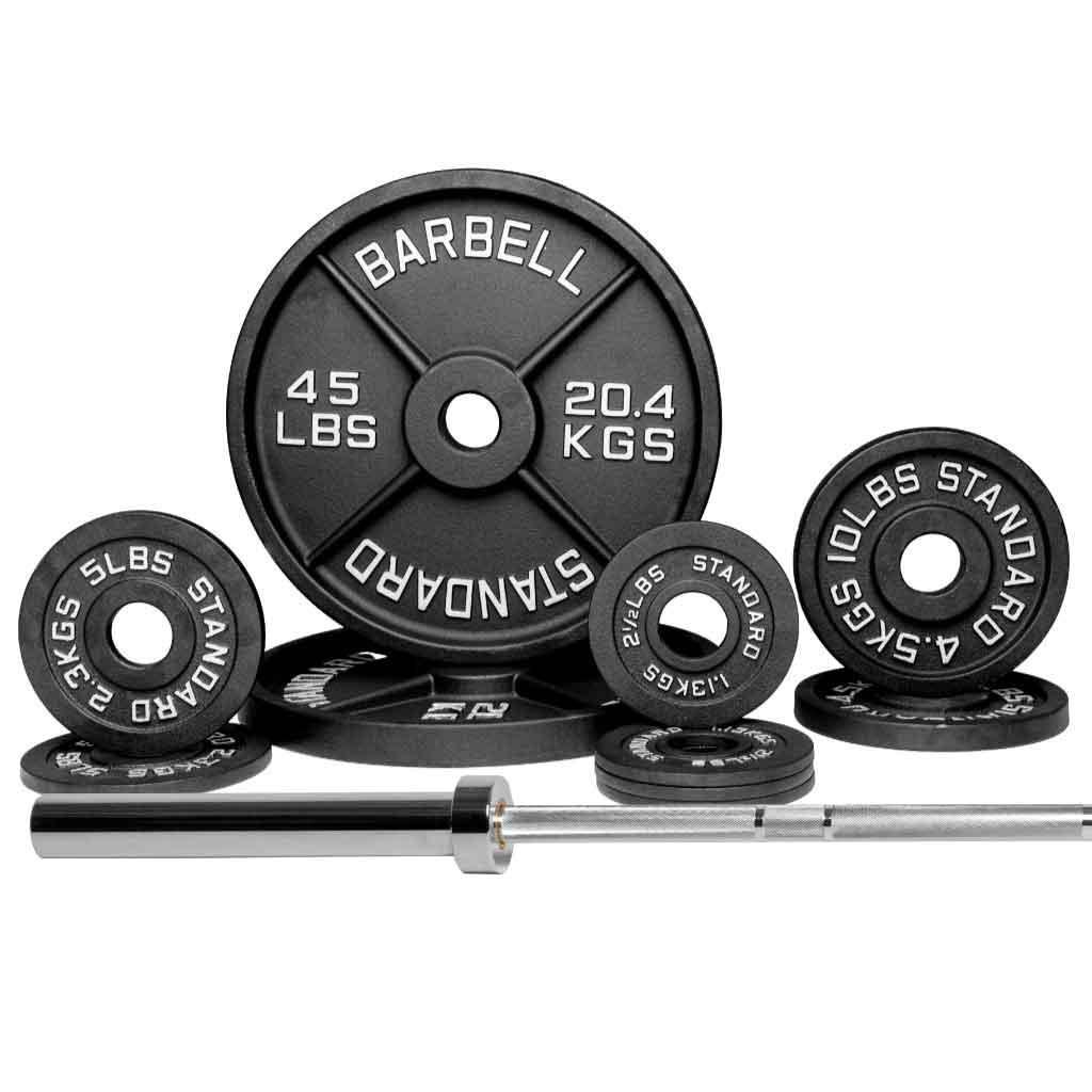 Barbell Standard 1000 set with 130 lb Olympic weight plates and barbell, premium strength training equipment for home gym