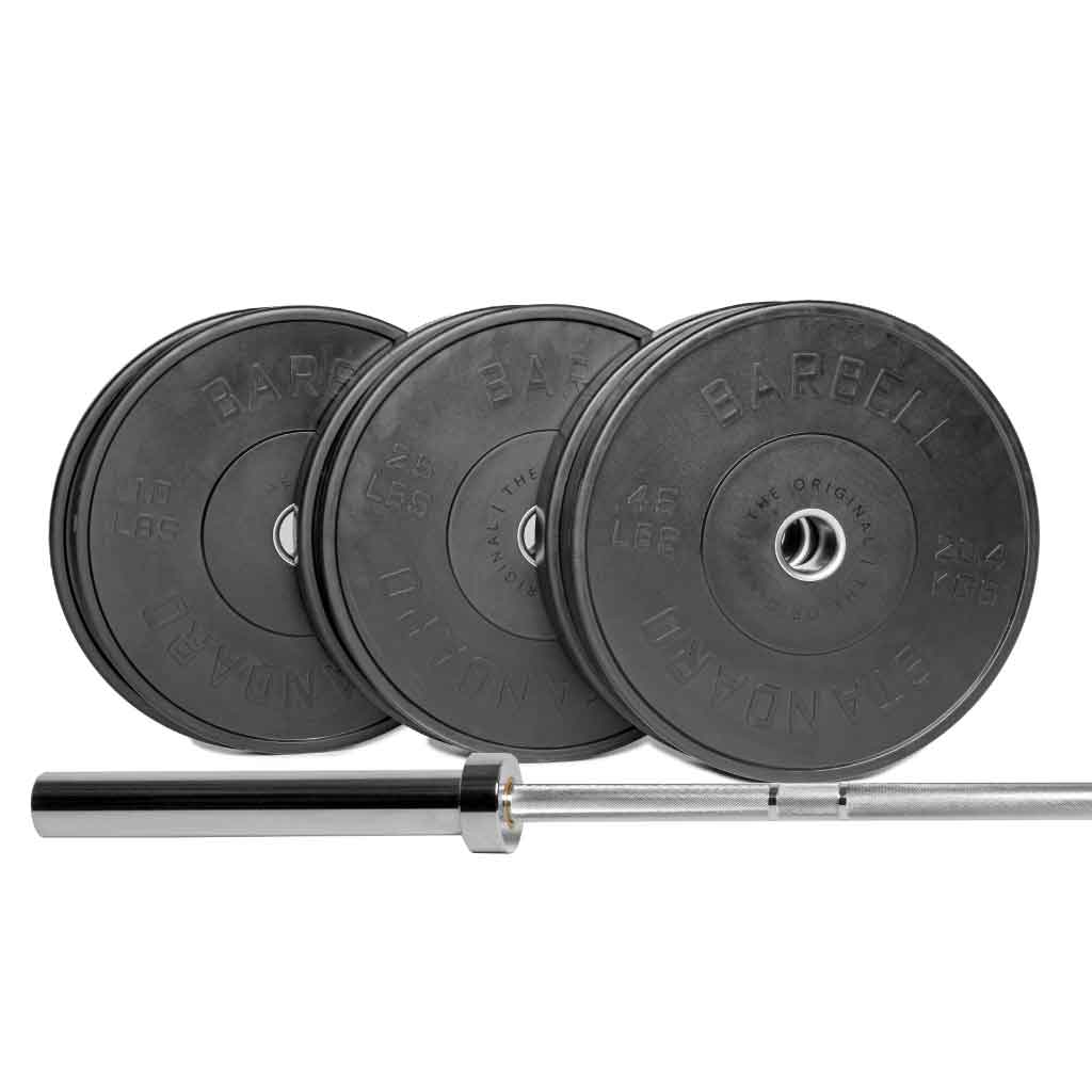 Barbell Standard 1000 set with 160 lb Olympic weight plates and barbell, strength training home gym equipment