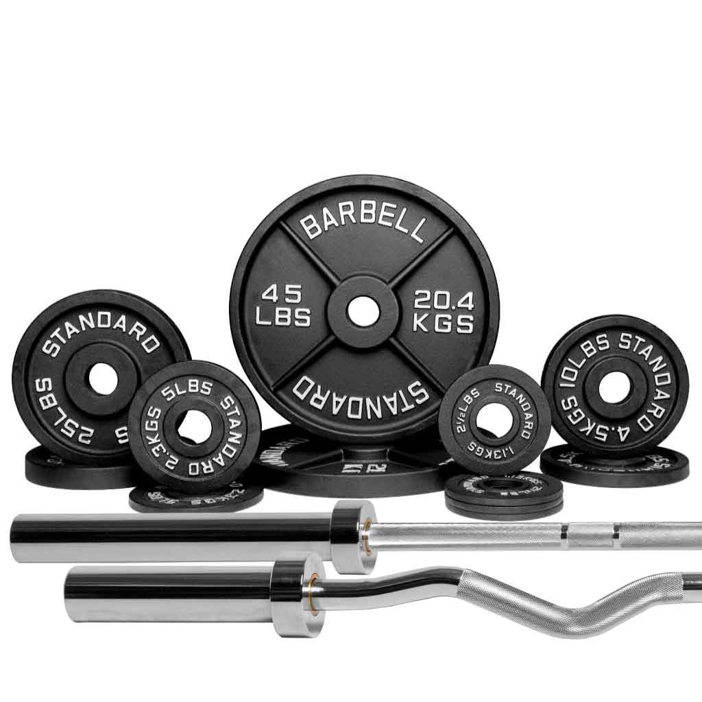 Barbell Standard 1000 set with 180 lb Olympic weight plates, straight and curl bar combo for versatile home gym training