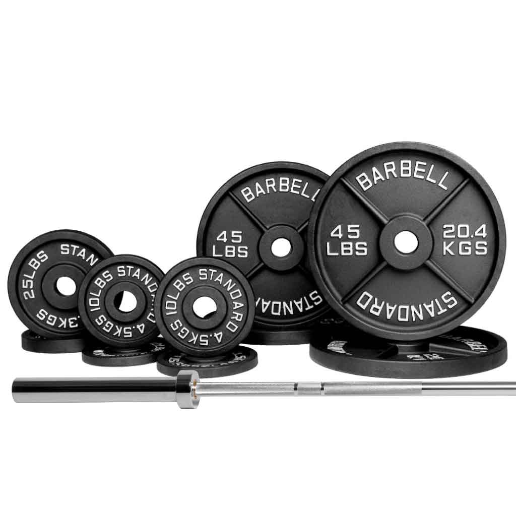 Barbell Standard 1000 set with Olympic barbell and 270lb of cast iron weight plates for home gym and strength training