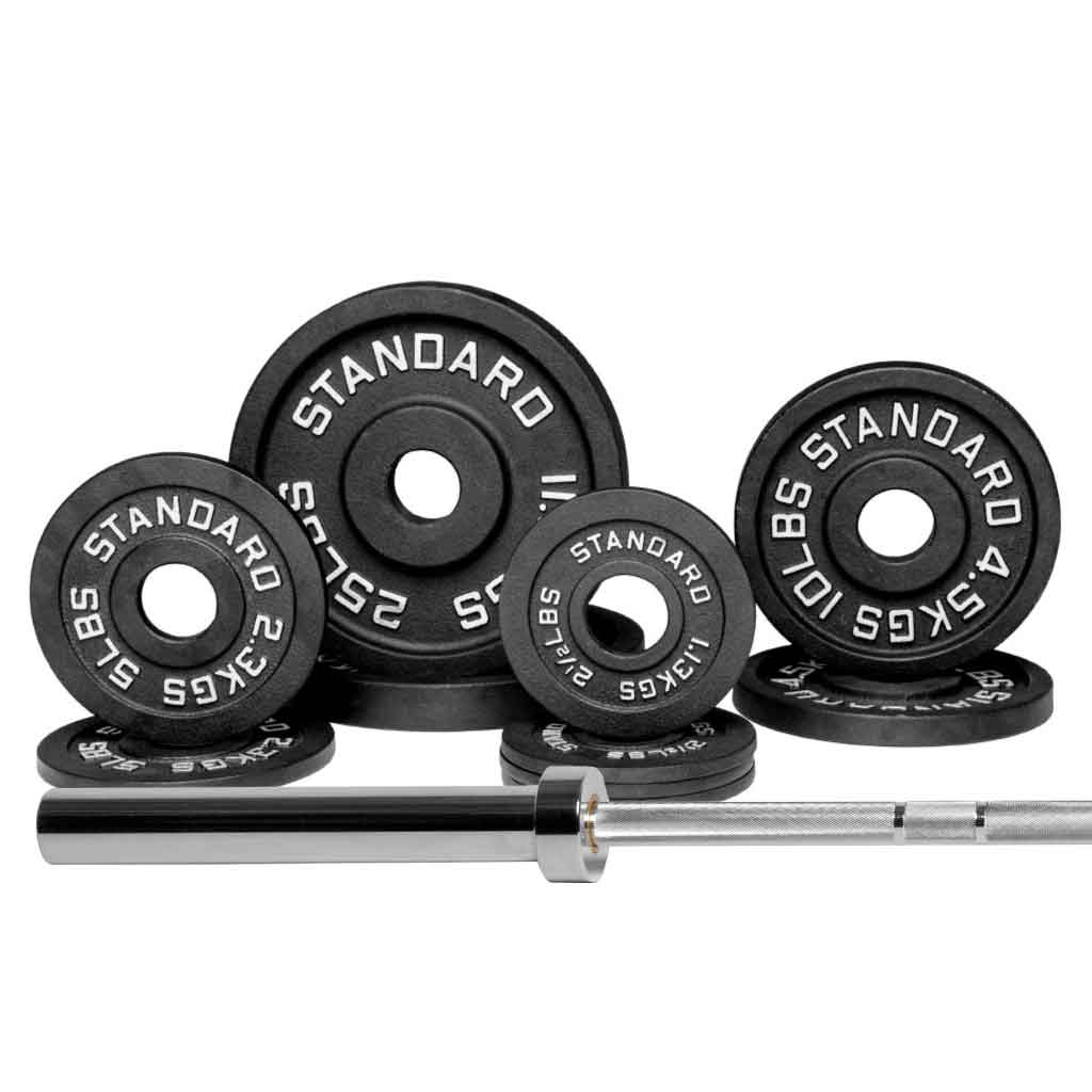 Barbell Standard 1000 set with 90 lb Olympic weight plates and barbell, durable home gym strength training equipment