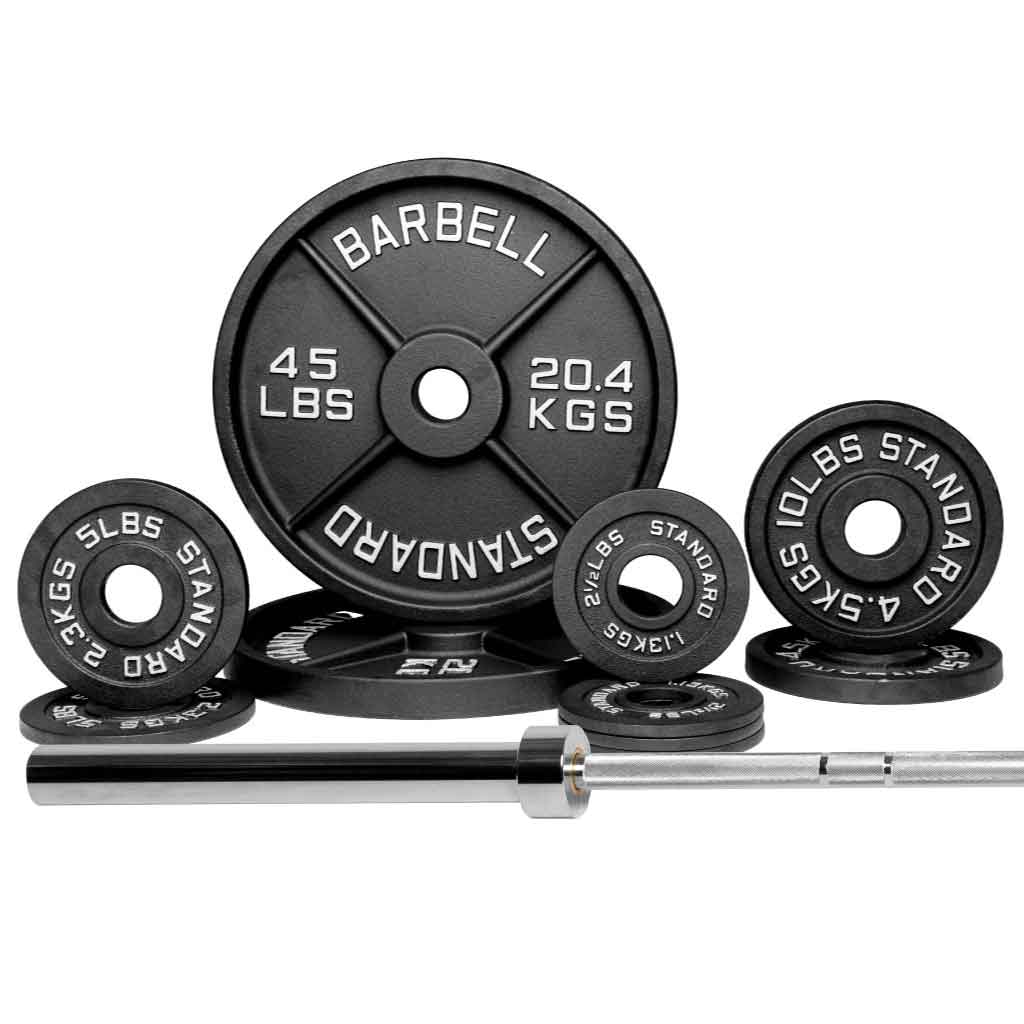 Barbell Standard 1500 set with 130 lb Olympic weight plates and barbell, ideal for strength training at home