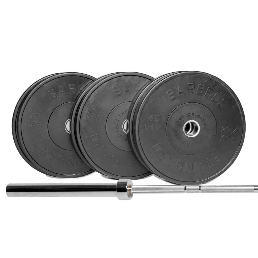 Olympic barbell with 160 lb cast iron weight plates for strength training and home gyms