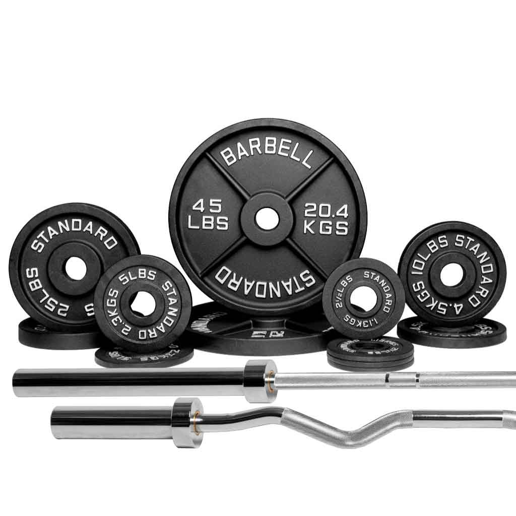 Barbell Standard 1500 set with 180 lb weight plates, barbell, and curl bar for versatile strength training