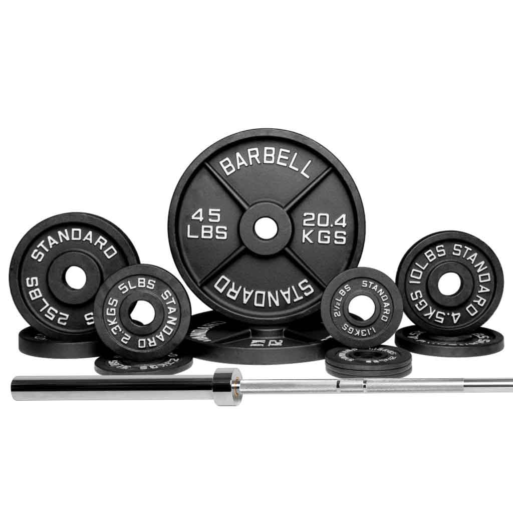 Barbell Standard 1500 set with 180 lb weight plates and Olympic barbell for home gym strength training