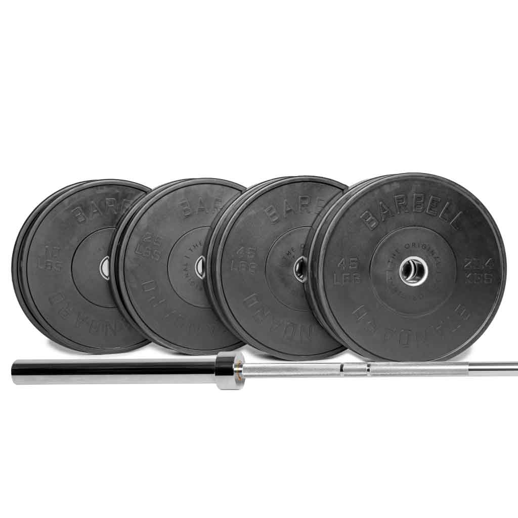 Olympic barbell with 250 lb cast iron weight plates for heavy lifting and power training