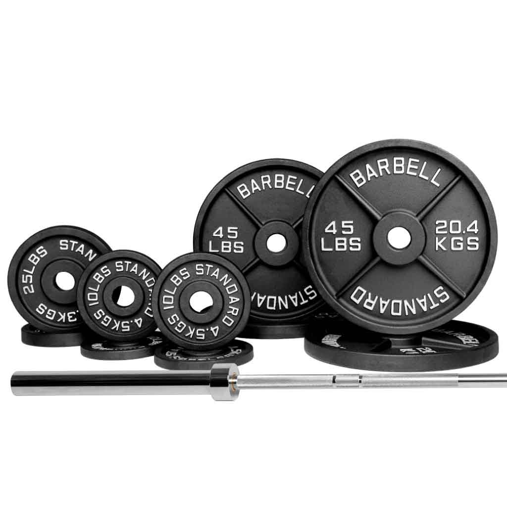 Barbell Standard 1500 set with Olympic barbell and 270lb of cast iron weight plates for powerlifting and strength training