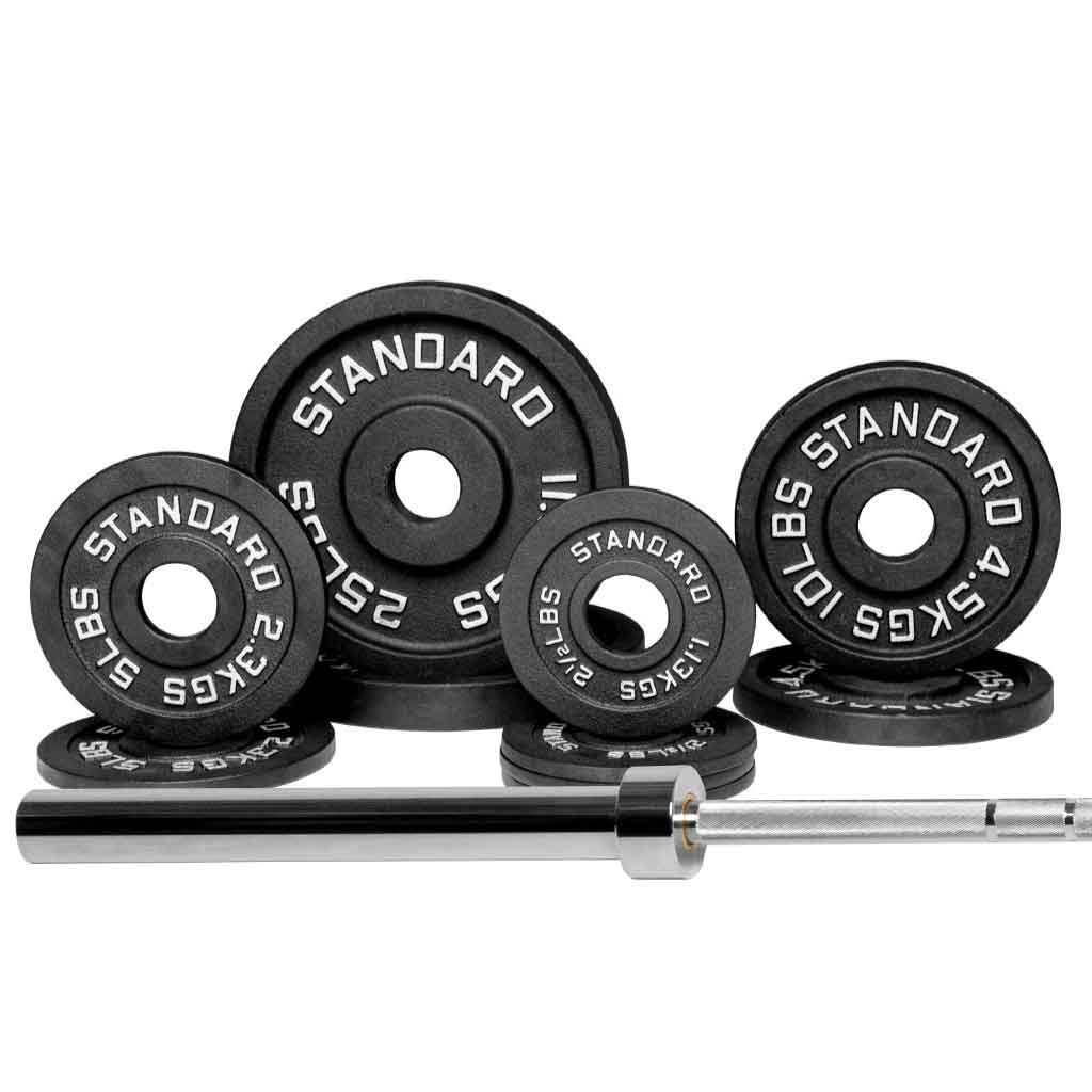 Barbell Standard 1500 set with 90 lb Olympic weight plates and barbell, perfect for home gym strength training