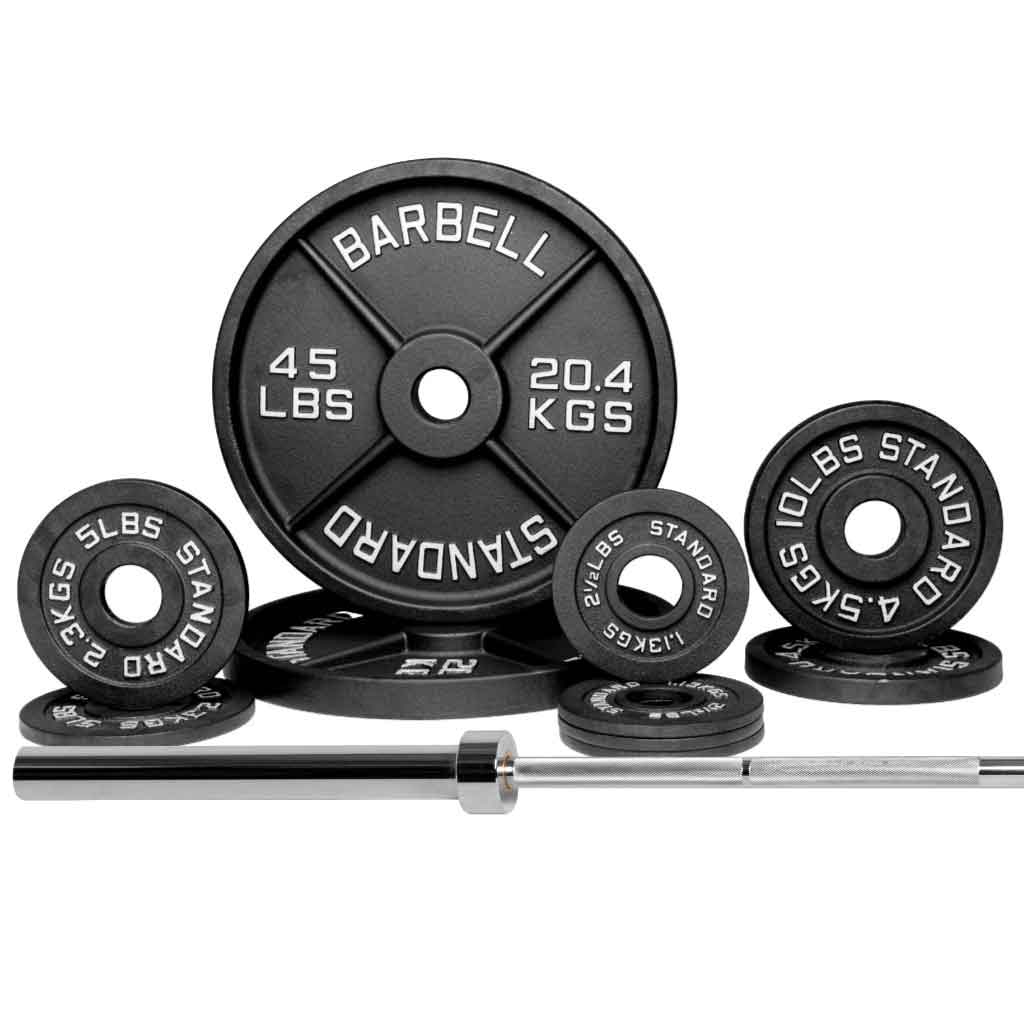 130 lb Olympic weight set with barbell and cast iron plates for lifting and home gym training