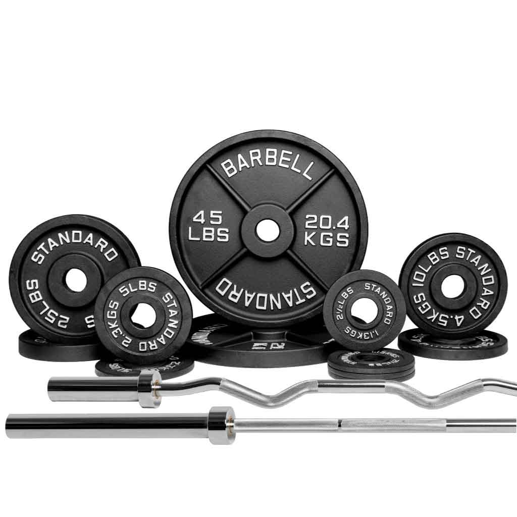 180 lb Olympic weight set with curl bar and cast iron plates for strength training