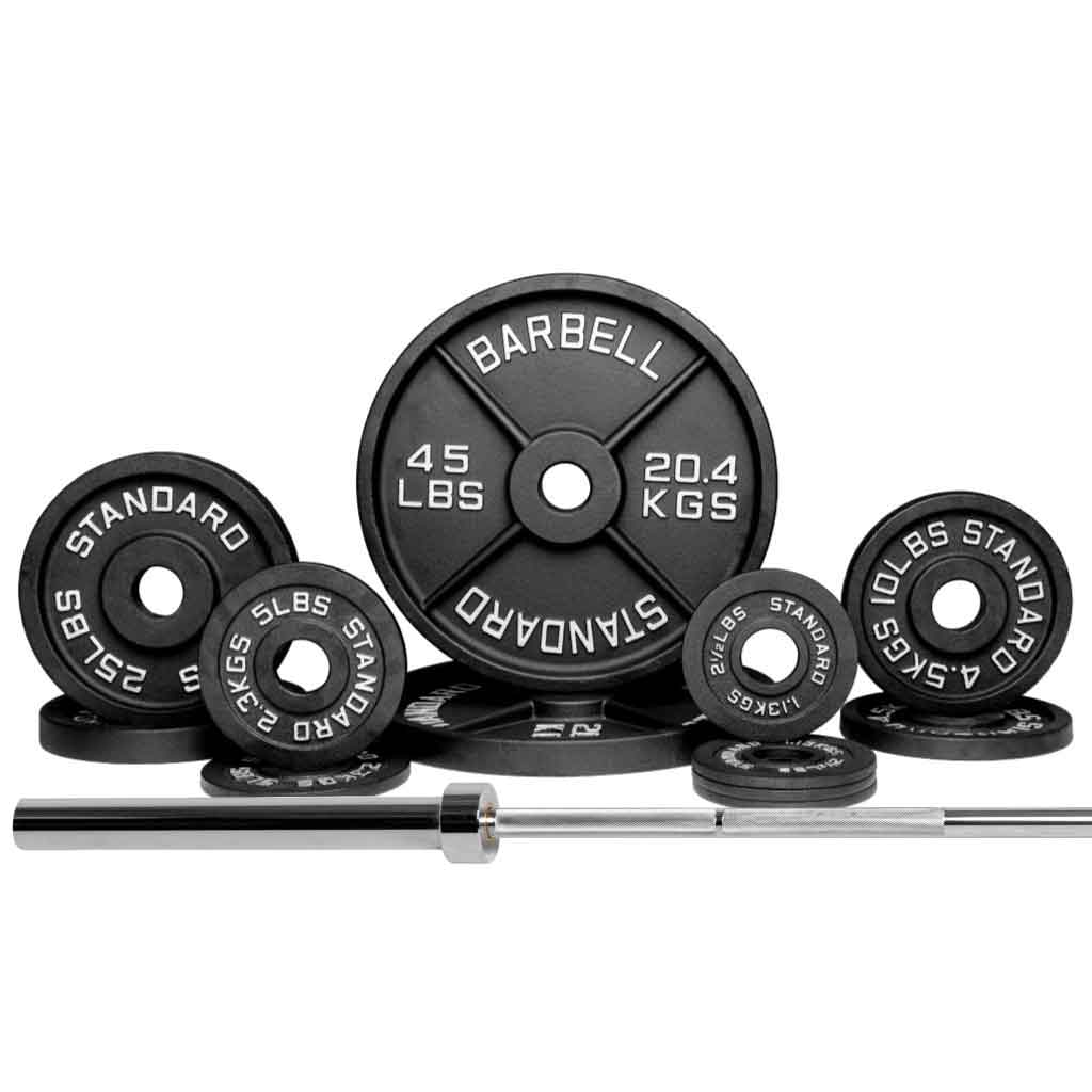 180 lb Olympic barbell weight set with cast iron plates and chrome barbell