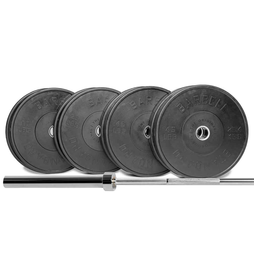 250 lb Olympic barbell weight set with solid rubber grip plates and chrome barbell