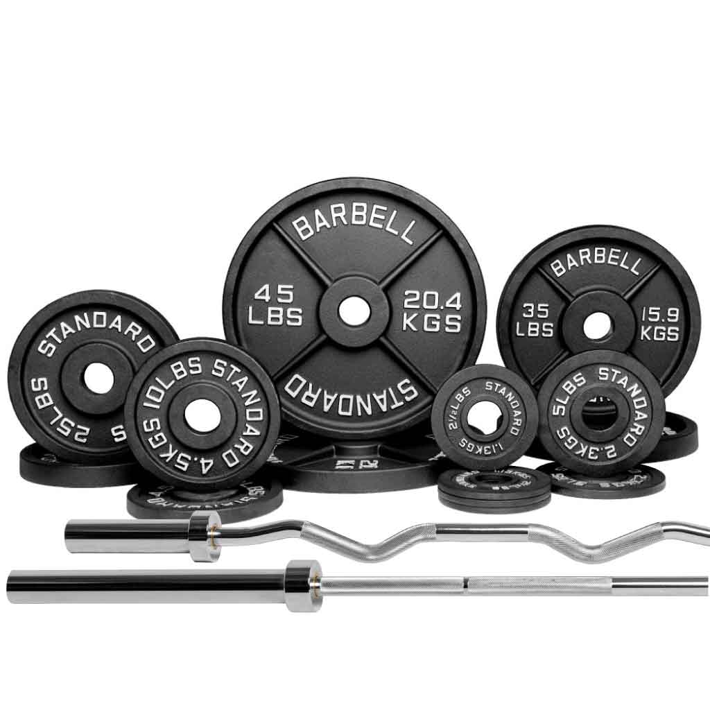 250 lb Olympic barbell weight set with curl bar and black iron plates, including 45 lb, 35 lb, 25 lb, 10 lb, 5 lb, and 2.5 lb plates