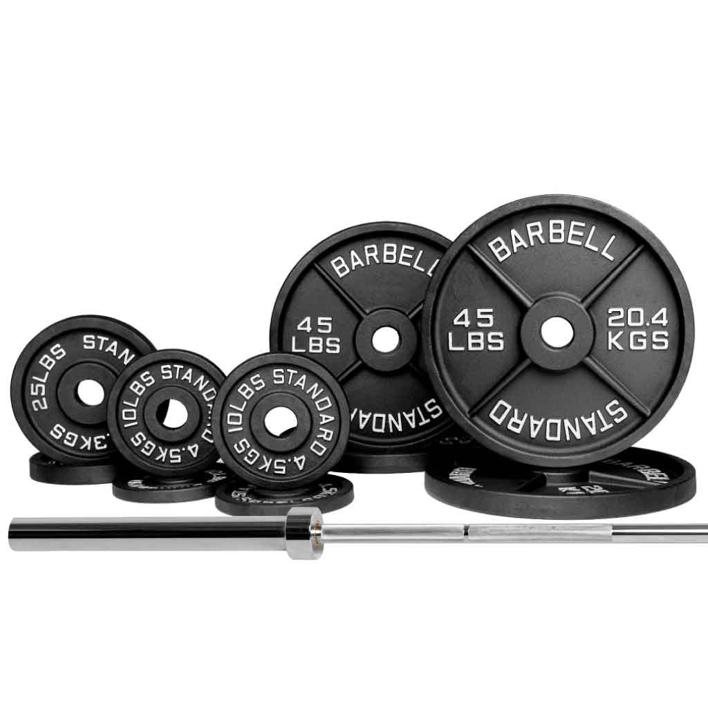 Barbell Standard 2000 set with Olympic barbell and 270lb of cast iron weight plates for powerlifting and training
