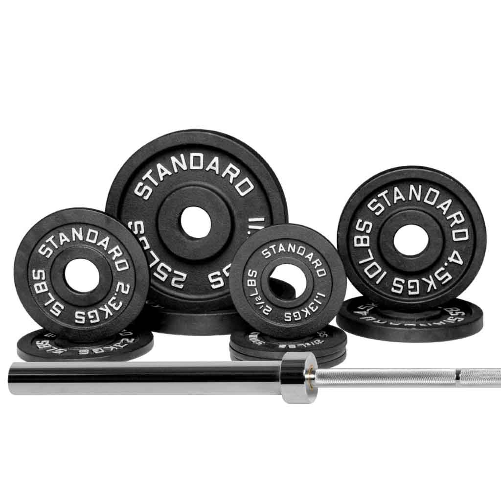 Barbell Standard 2000 set with Olympic barbell and 90lb of cast iron weight plates for home gym and strength training