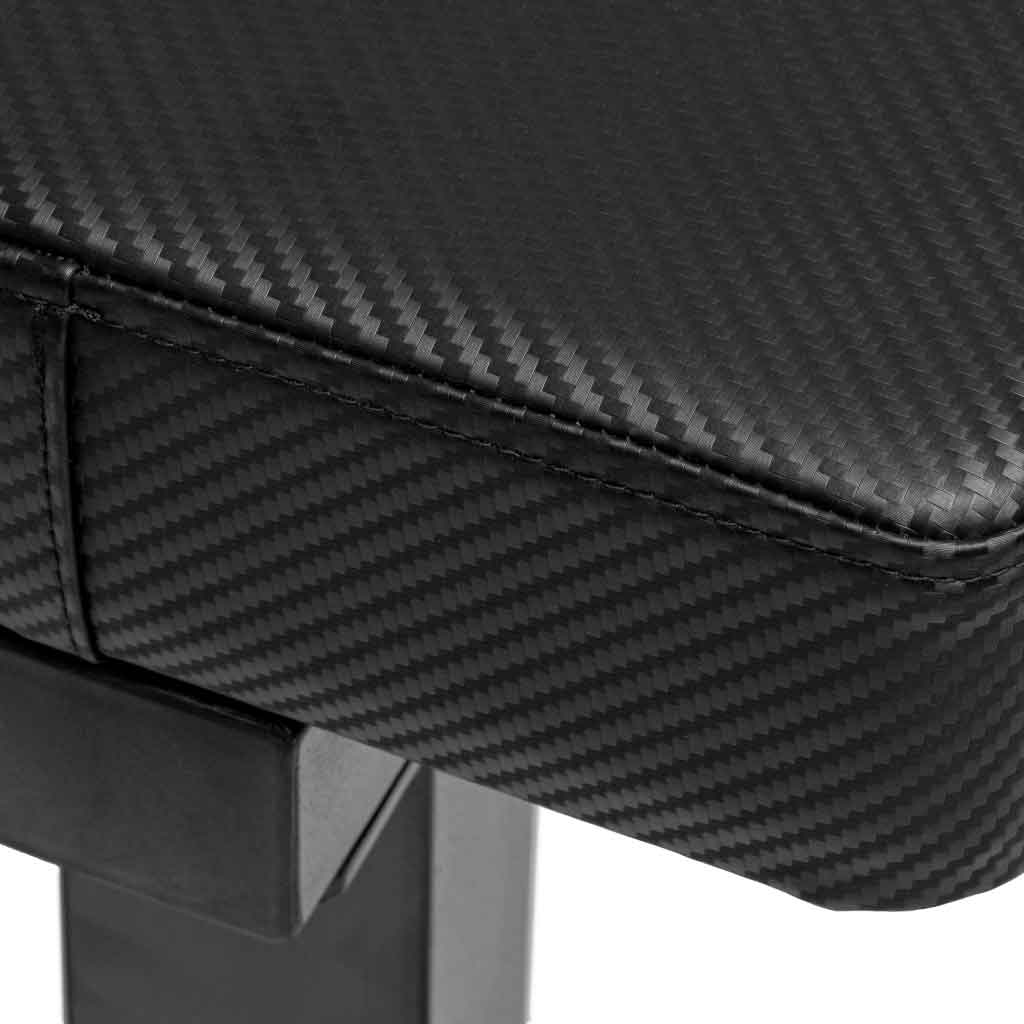 Closeup of Barbell Standard flat bench carbon fiber textured padding with reinforced stitching for durability