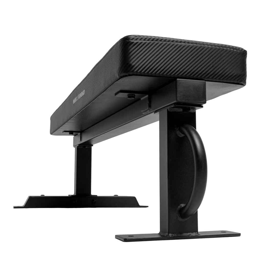 Barbell Standard competition flat bench with carbon fiber padding, steel frame, and front handle for easy movement