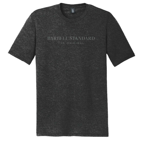 A gray tri-blend performance crew t-shirt with 'Barbell Standard' and 'The Original' printed on the front.