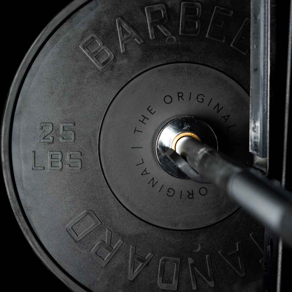 Barbell Standard 25 lb rubber bumper plate loaded on barbell sleeve in gym setting close-up view