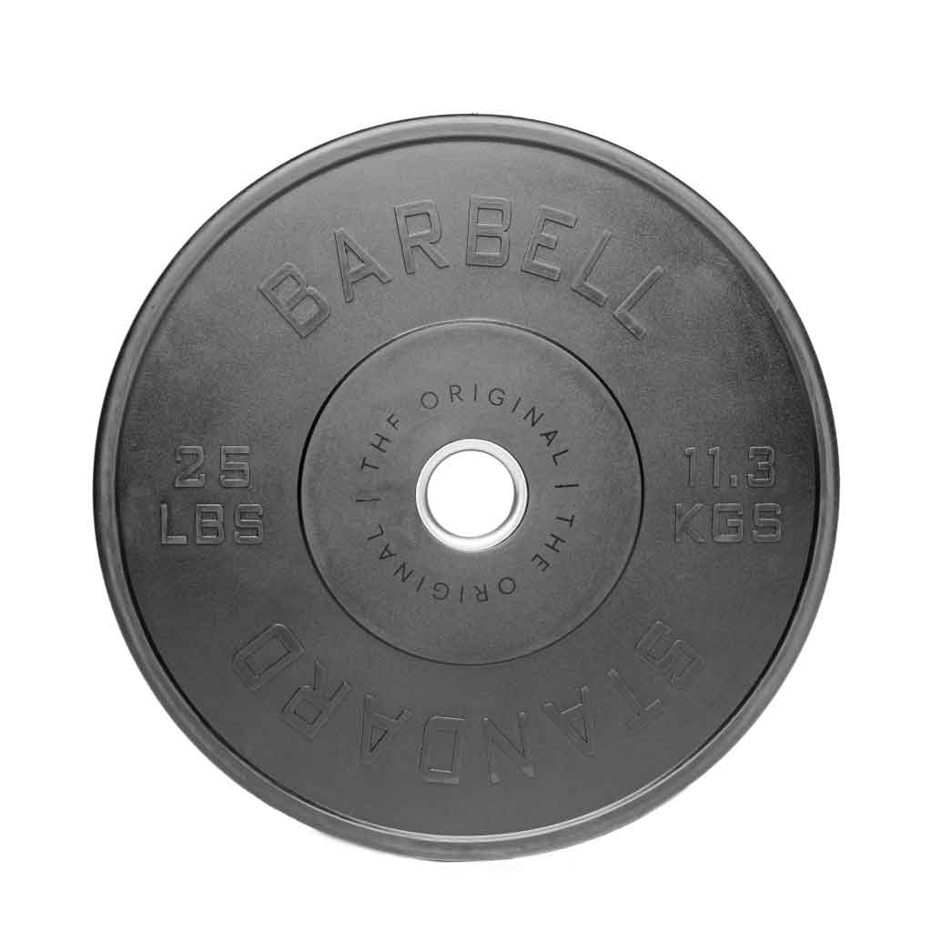 Barbell Standard 25 lb rubber bumper plate with 11.3 kg marking and central steel insert