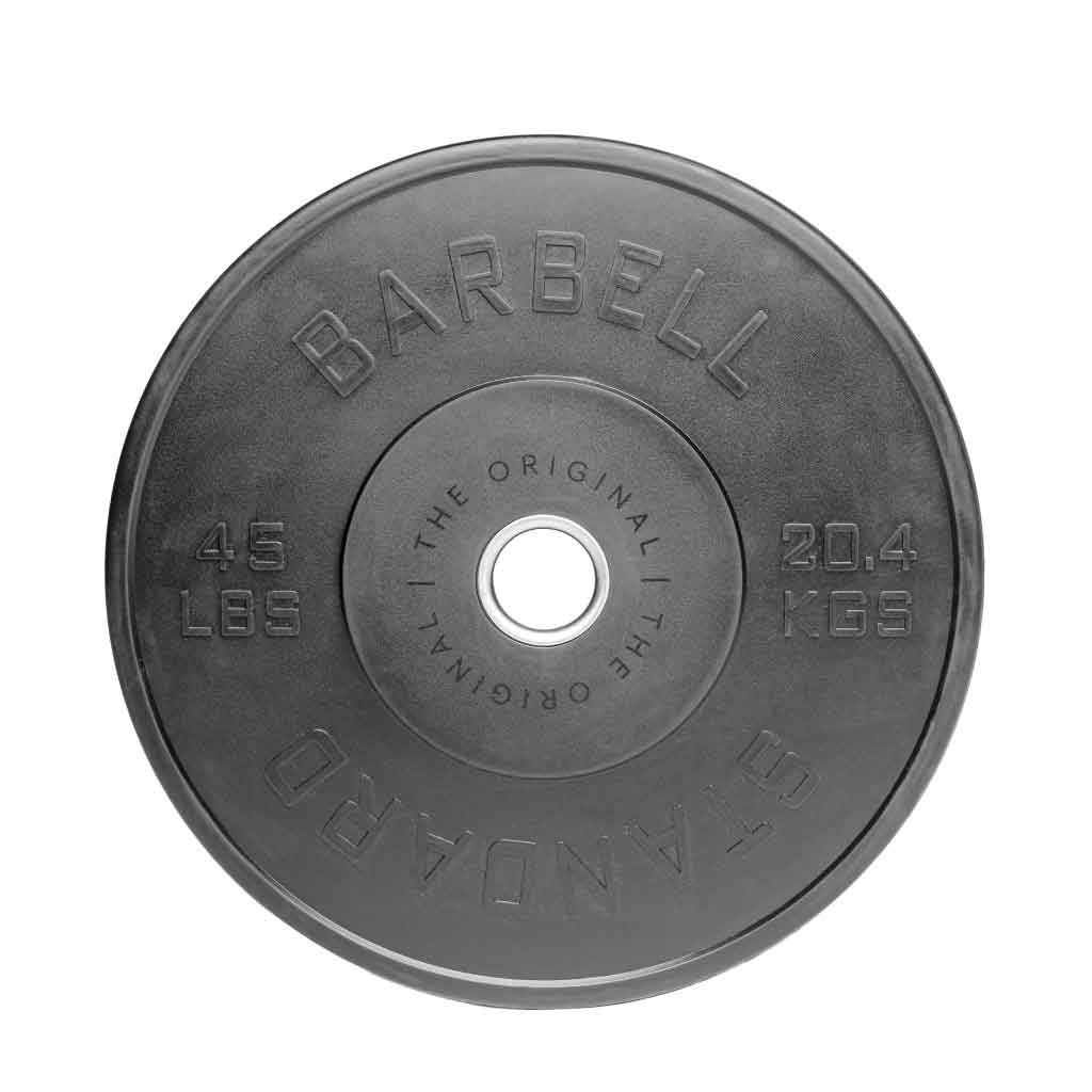 Barbell Standard 45 lb rubber bumper plate with 20.4 kg marking and central steel insert