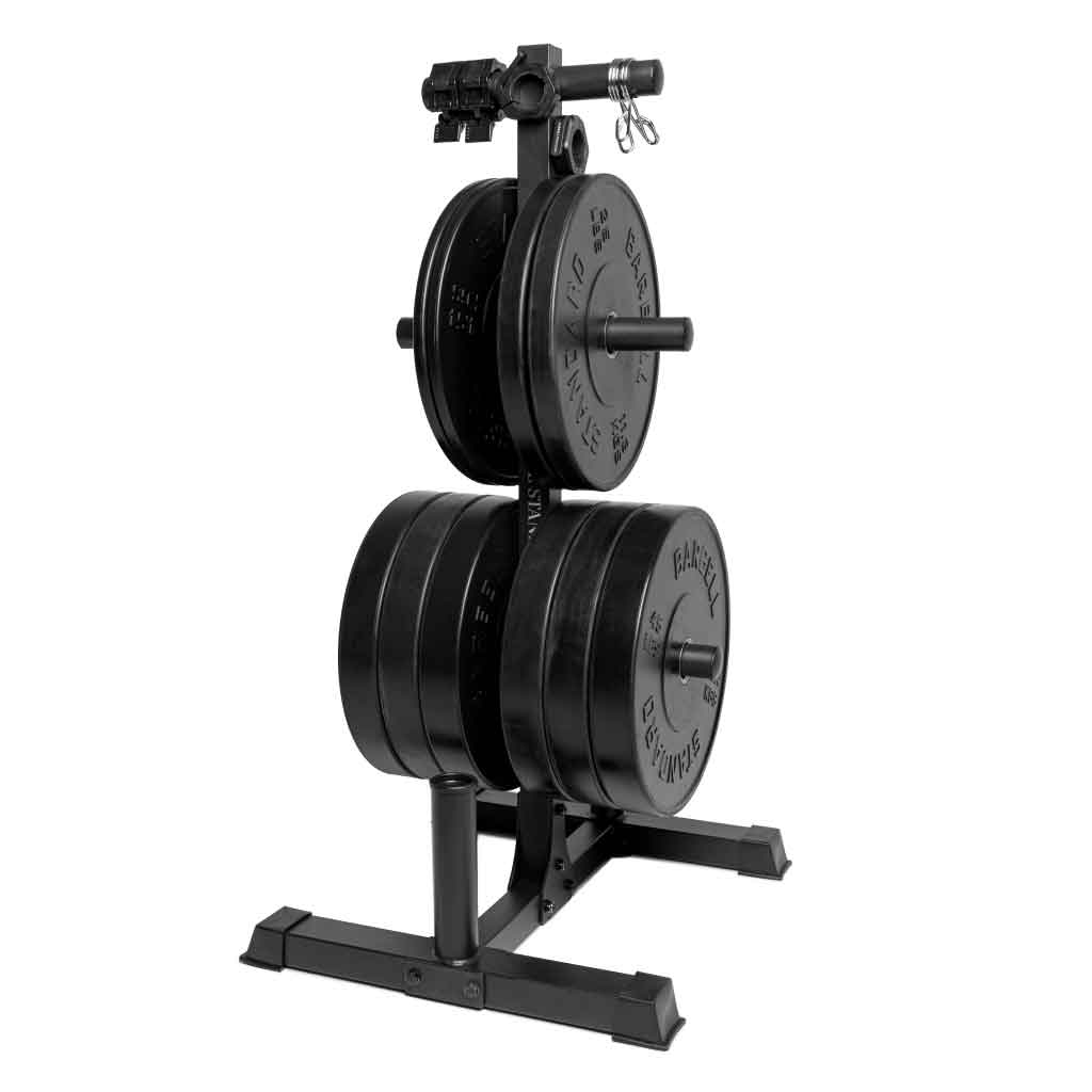 Barbell Standard bumper plates stored on vertical weight plate tree with collars attached