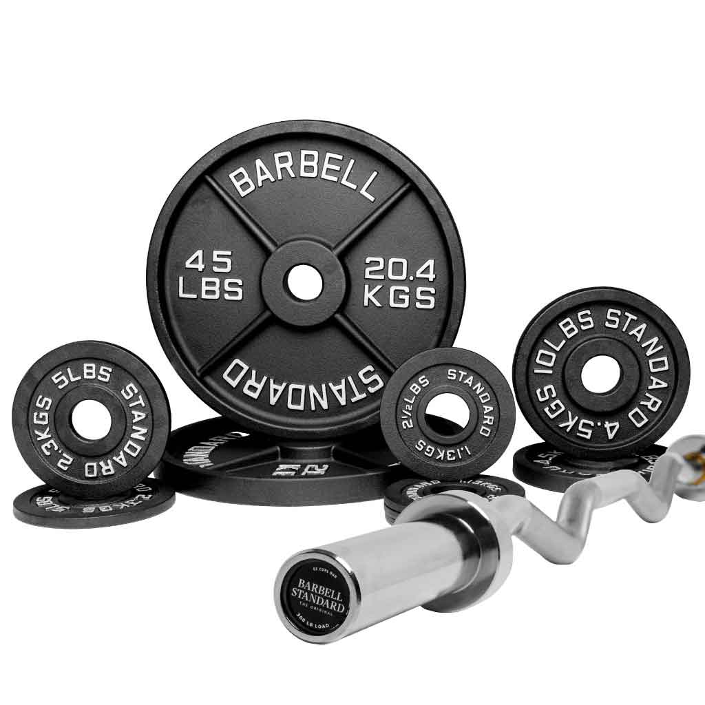 Barbell Standard curl bar with assorted weight plates including 45 lb, 10 lb, 5 lb, and 2.5 lb sizes